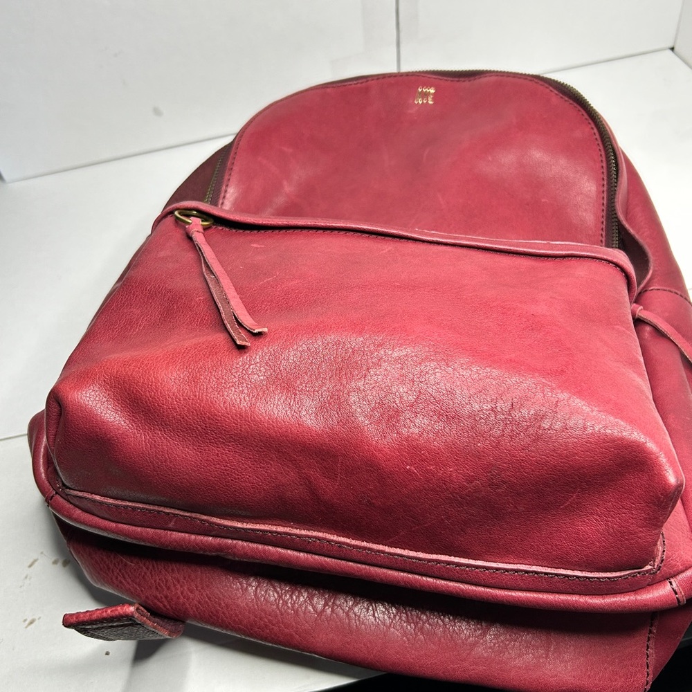 Red Leather Backpack with Rounded Shape and Horizontal Zipper